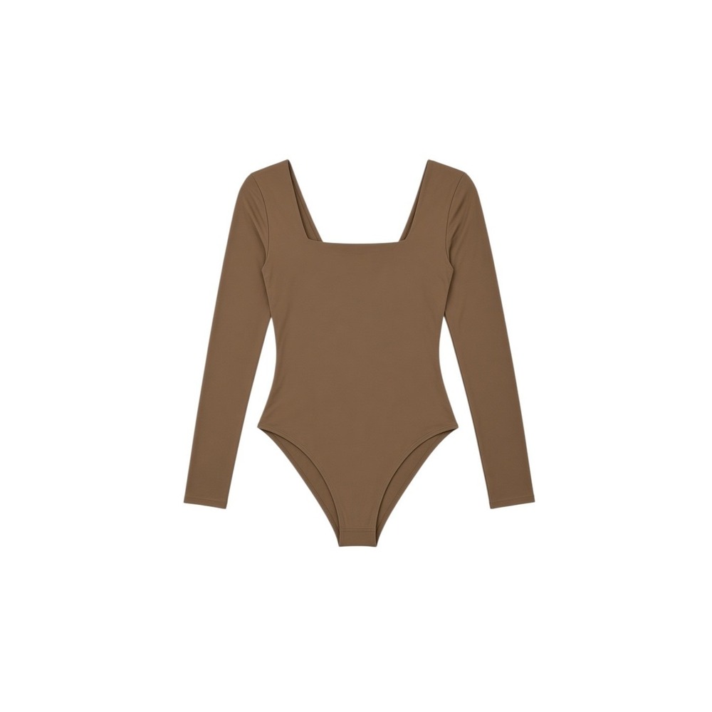 Quince Bodysuit Women Medium Sand New Second Skin Square Neck Long Sleeve